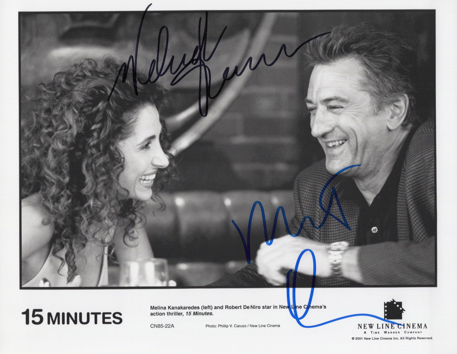 Robert De Niro / Melinda Kanakaredes 15 MINUTES Signed Photo: Photo size is 8x10. Robert De Niro / Melinda Kanakaredes signed photo from the movie 15 MINUTES. Robert De Niro as the character Eddie Fleming. Melinda Kanakaredes as the character Nicolette Karas.
