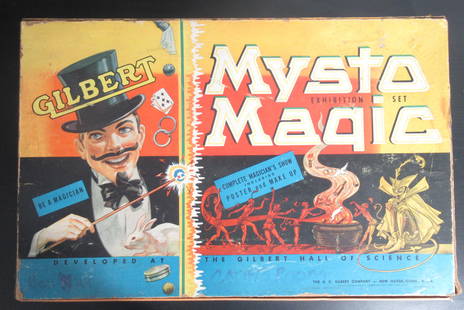 VINTAGE 1953 Gilbert Mysto Magic Set 5A BOXED Set COMPLETE!!: PLEASE SEE IMAGES AS THEY ARE PART OF THE DESCRIPTION. 1953 A.C. Gilbert "Exhibition Set" No. 5A (as noted on lid). Illustrated lid features graphics of child magician w/wand pointing to scene of devi