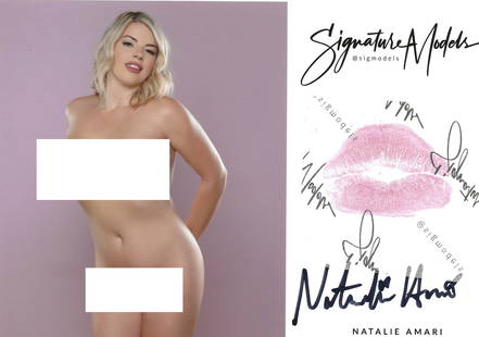 Natalie Amari KISS CARD MODEL In Person Signed Photo: Photo size is 5x7. PRIVATE SIGNING. Natalie Amari in person signed photo. Natalie Amari is a popular glamour model. She added a lip print. This was signed at an exclusive signing in photo shoot on Nov