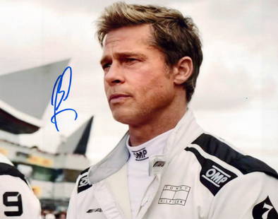 Brad Pitt F1: THE MOVIE  In Person Signed Photo: Photo size is 8x10. Brad Pitt in person signed photo from the movieF1: THE MOVIE. Brad Pitt as the character Sonny Hayes.