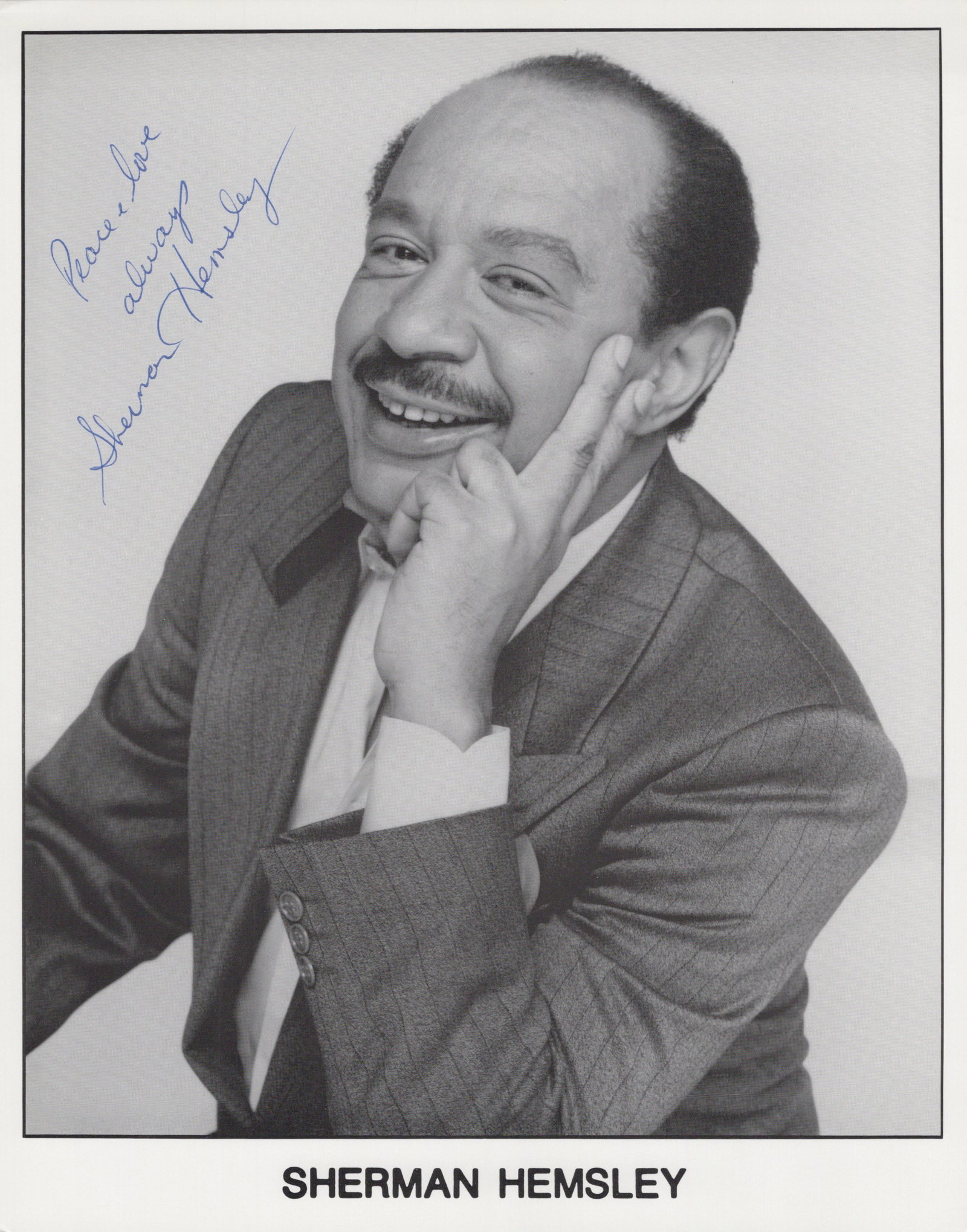 Sherman Hemsley (1938-2012) THE JEFFERSONS Signeded Photo: Photo size is 8x10. Sherman Hemsley (1938-2012) Signeded photo. Sherman Hemsley Signeded photo from the TV show THE JEFFERSONS. Sherman Hemsley as the character George Jefferson