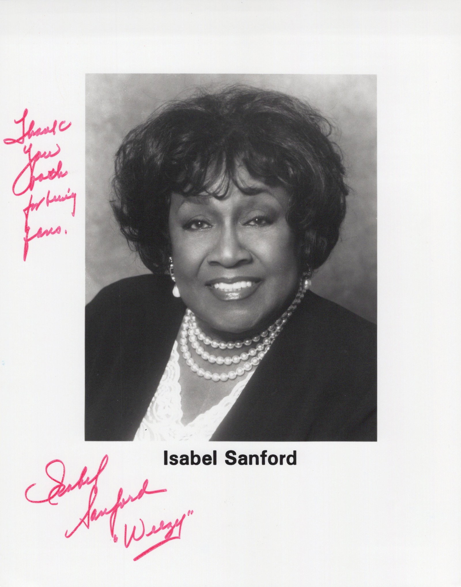 Isabel Sanford (1917-2004) THE JEFFERSONS Signed Photo: Photo size is 8x10. Isabel Sanford (1917-2004) signed photo from the TV series THE JEFFERSONS. Isabel Sanford as the character Louise Jefferson. She has also added her character name of "Weezy"