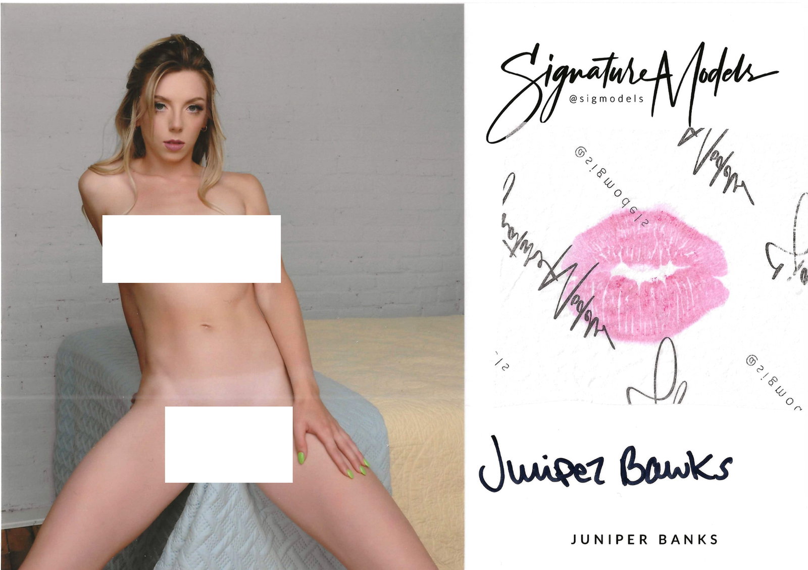 Juniper Banks LIP PRINT KISS CARD In Person Signed Photo: Photo size is 5x7. PRIVATE SIGNING. Juniper Banks in person signed photo and kiss card. Signature Model. 5x7 Color In Person signed very sexy portrait. She added a lip print. This item was signed at a