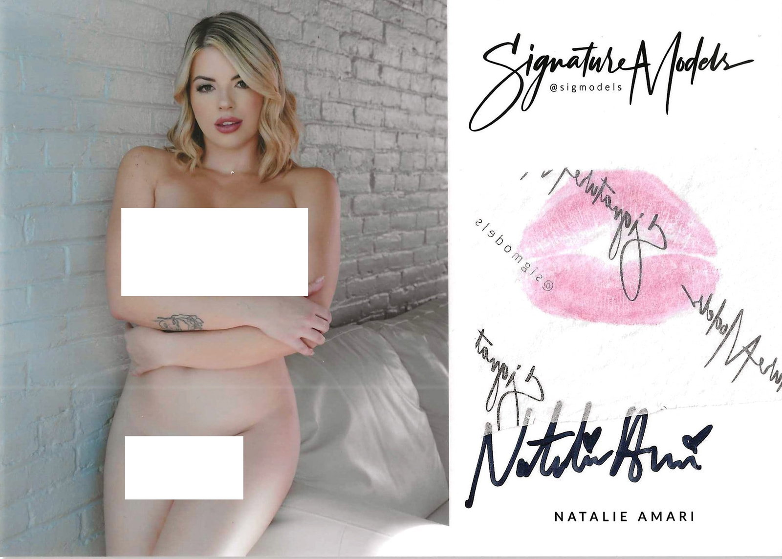 Natalie Amari LIP PRINT KISS CARD In Person Signed Photo: Photo size is 5x7. PRIVATE SIGNING. Natalie Amari in person signed photo. Natalie Amari is a popular glamour model. She added a lip print. This was signed at an exclusive signing in photo shoot on Nov