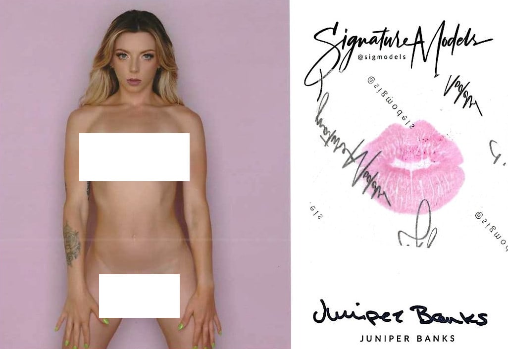 Juniper Banks LIP PRINT KISS CARD In Person Signed Photo: Photo size is 5x7. PRIVATE SIGNING. Juniper Banks in person signed photo and kiss card. Signature Model. 5x7 Color In Person signed very sexy portrait. She added a lip print. This item was signed at a