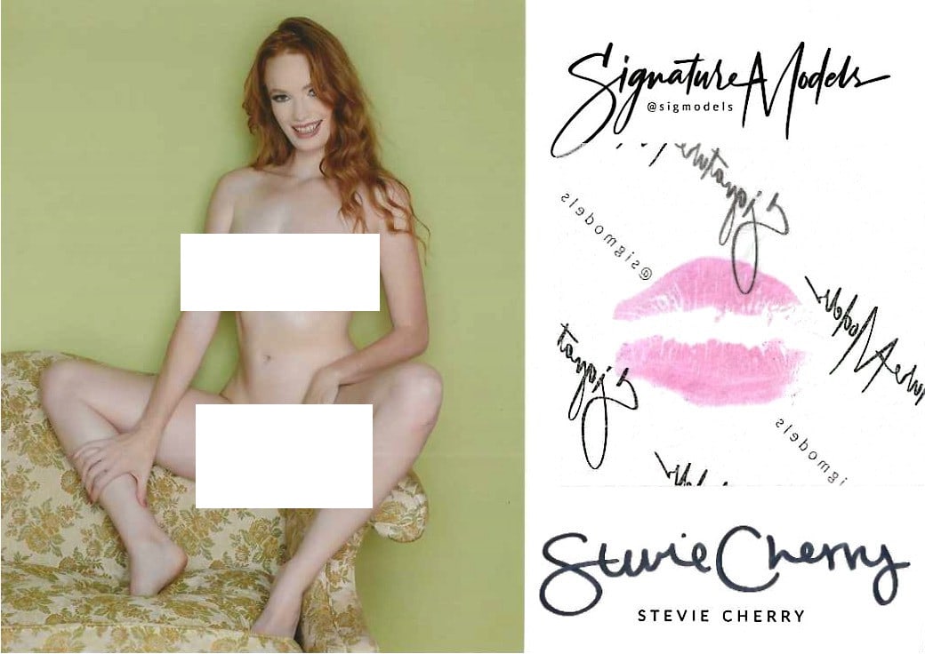 Stevie Cherry LIP PRINT KISS CARD In Person Signed Photo: Photo size is 5x7. PRIVATE SIGNING. Stevie Cherry Signature Glamour Model in person signed sexy nude portrait. She has also added a lip print. This was signed at an exclusive signing and photo shoot d