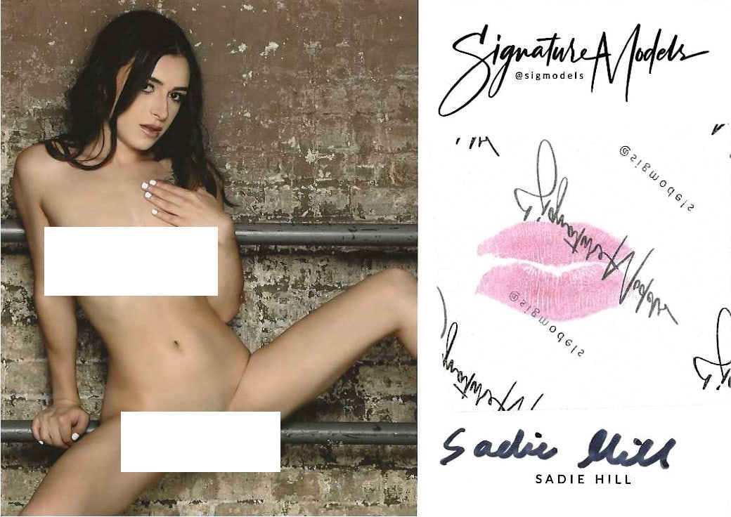 Sadie Hill LIP PRINT KISS CARD In Person Signed Photo: Photo Size is 5x7. PRIVATE SIGNING. Sadie HIll in person signed Signature Model. 5x7 Color In Person signed very sexy NUDE portrait. She added a lip print. This item was signed at an EXCLUSIVE signing