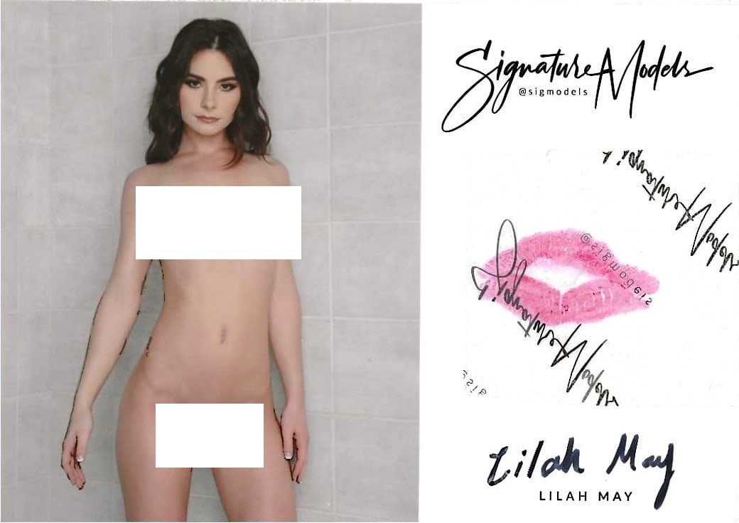 Lilah May LIP PRINT KISS CARD In Person Signed Photo: Photo Size is 5x7. PRIVATE SIGNING. (THERE SEEMS OT BE A BAD SCAN HERE. THE DARK OUTLINE YOU SEE AROUND HER IS NOT IN THE REAL IMAGE) Lilah May in person signed Signature Model. 5x7 Color In Person si