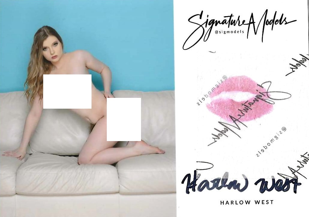 Harlow West ADULT FILM LIP PRINT KISS CARD In Person Signed Photo: Photo size is 5x7. PRIVATE SIGNING. Harlow West in person signed photo and kiss card. Adult Film. 5x7 Color In Person signed very sexy portrait. She added a lip print. This item was signed at an EXCLU
