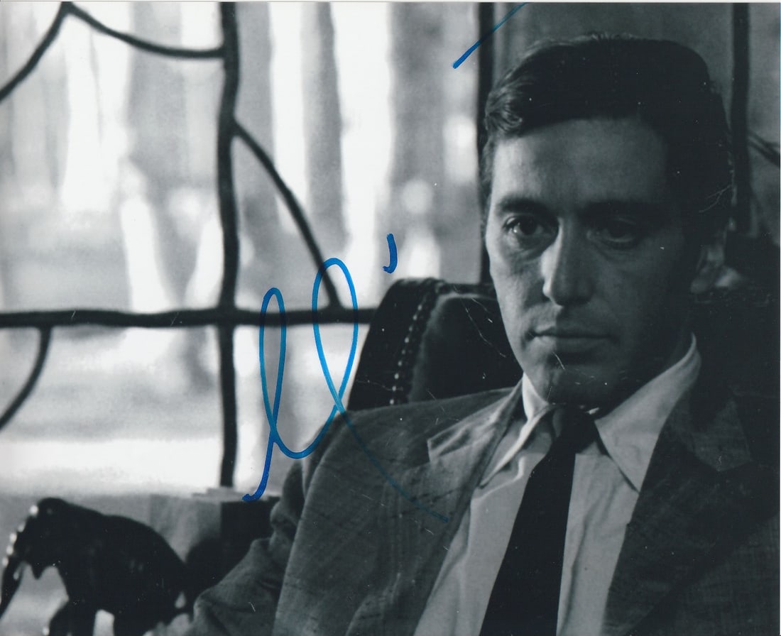Al Pacino THE GODFATHER 2 In Person Sogned Photo: Photo size is 8x10. Al Pacino in person signe dphoto form the moviue THE GODFATER PART 2. Al Pacino as th character Michael.