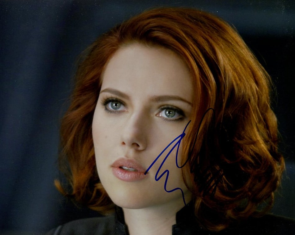 Scarlett Johansson while The Avengers In Person Signed Photo: Photo size is 8x10. Scarlett Johansson in person signed autographed photo from the movie THE AVENGERS. Scarlett Johansson as the character Natasha Romonoff / Black Widow.