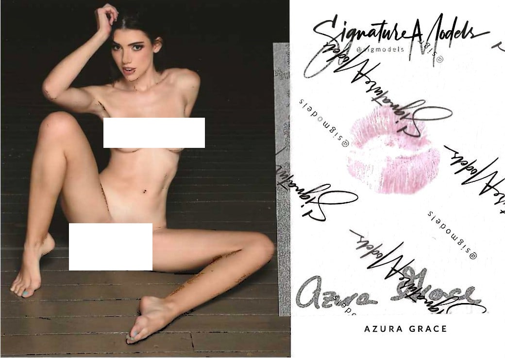 Azura Grace PLAYBOY / HUSTLER LIP PRINT KISS CARD In Person Signed Photo: Photo Size is 5x7. PRIVATE SIGNING. Azura Grace popular glamour model in person signed sexy nude portrait. She has also added a lip print. This was signed at an exclusive signing and photo shoot done 