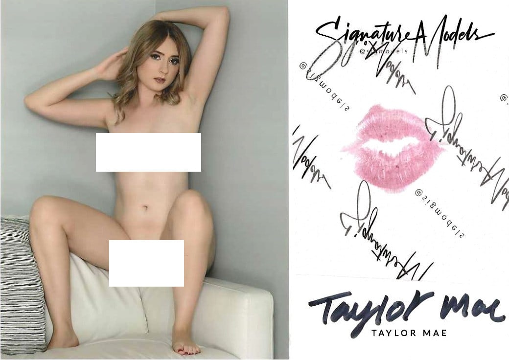 Taylor Mae LIP PRINT KISS CARD In Person Signed: Photo size is 5x7. PRIVATE SIGNING. Taylor Mae in person Signeded photo and kiss card. Taylor Mae is a popular Signedature model. 5x7 Color In Person signed very sexy portrait. She added a lip print. 