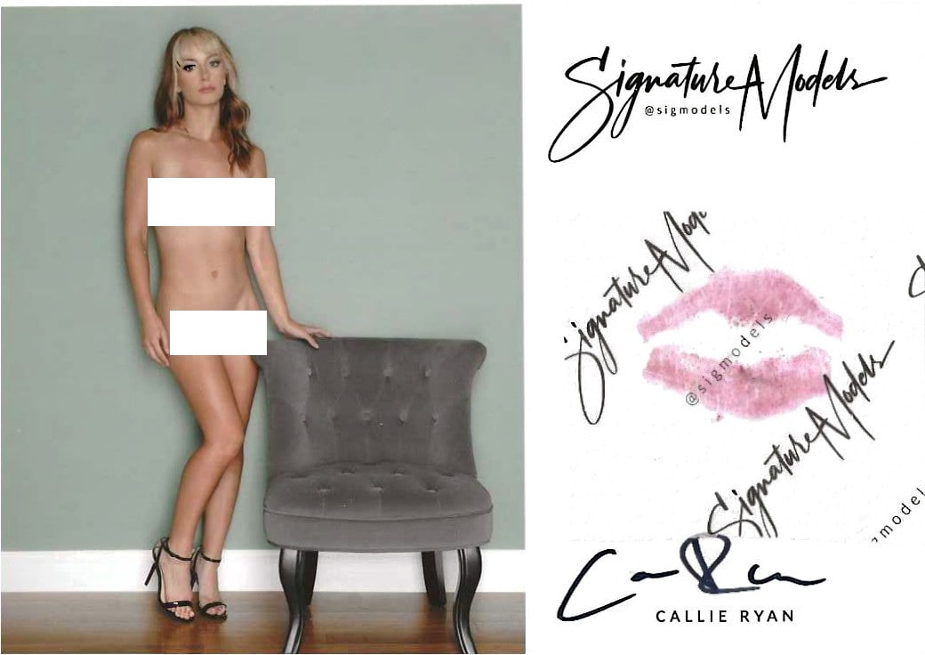 Callie Ryan LIP PRINT KISS CARD In Person Signed Photo: Photo size is 5x7. PRIVATE SIGNING. Callie Ryan In Person Signed photo. Popular signature model. Sexy in person signed nude portrait. She has also added a lip print. This item was signed at an exclusi