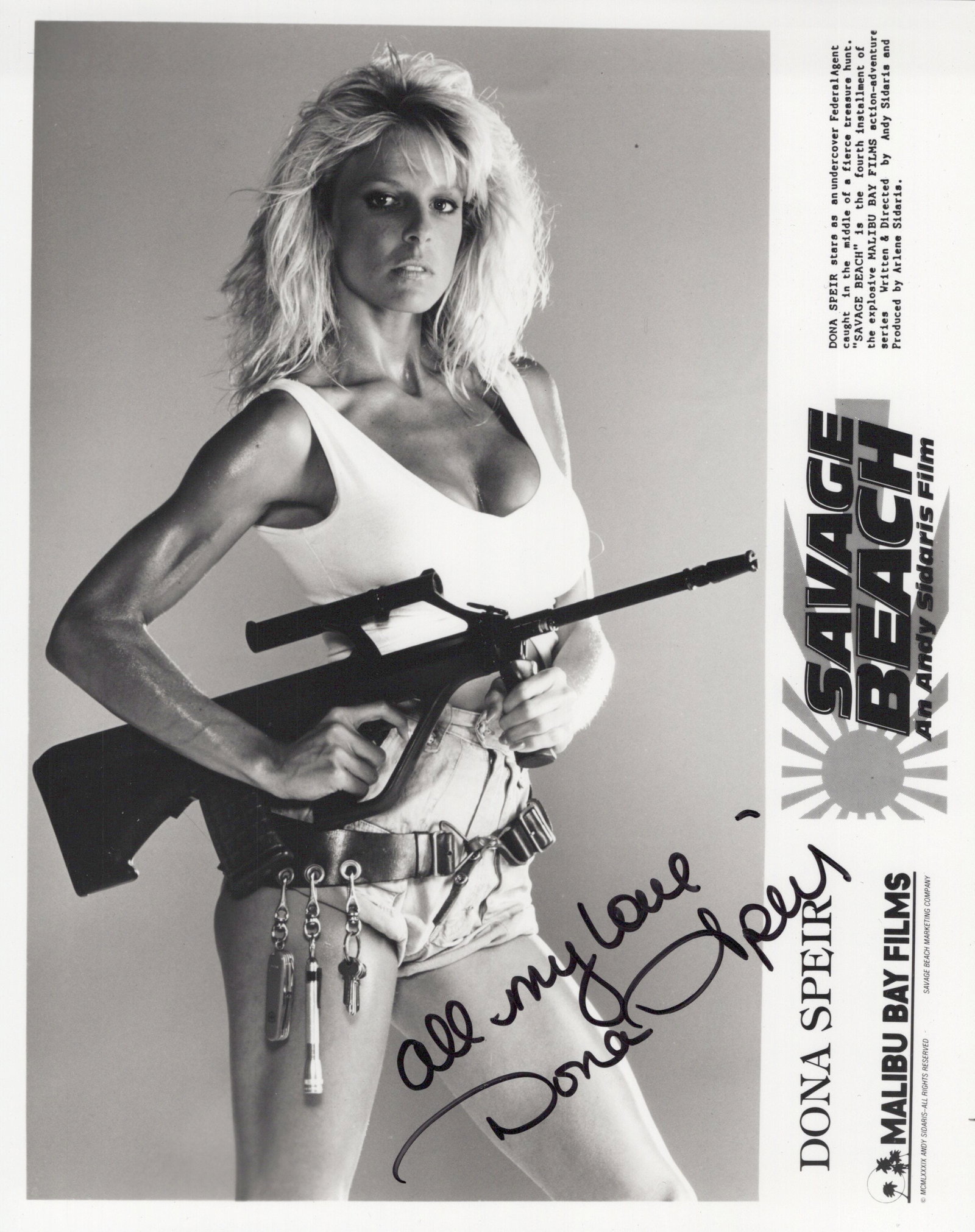 Dona Speir SAVAGE BEACH In Person Signed Photo: Photo size is 8x10. Dona Speir in person signed photo from the movie SAVAGE BEACH. Dona Speir as the character Donna