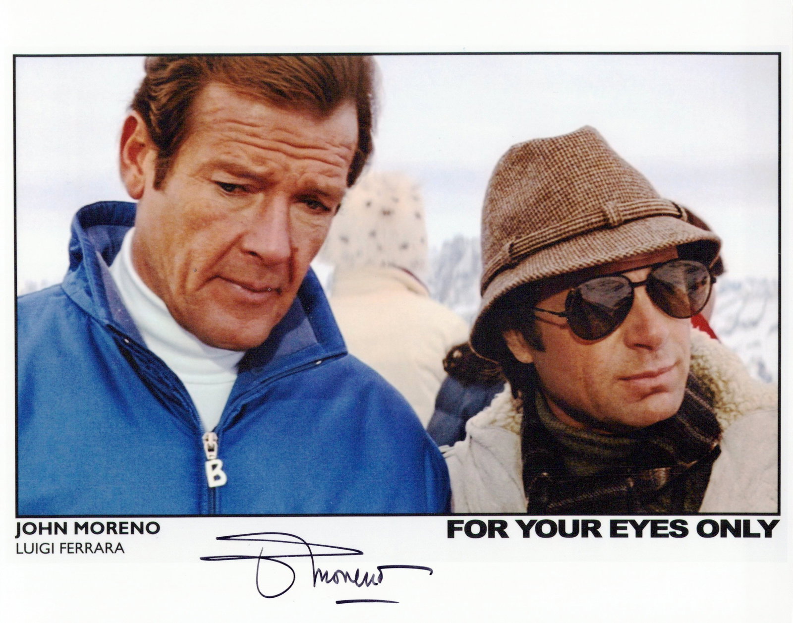 John Marino (James Bond) FOR YOUR EYES ONLY In Person Signed Photo: Photo size is 8x10. John Marino in person signed photo from the James Bond movie FOR YOUR EYES ONLY. John Marino as the character Luigi Ferrara.