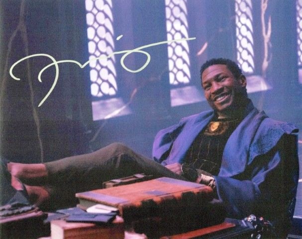 Jonathan Majors LOKI In Person Signed Photo: Photo size is 8x10. Jonathan Majors in person signed autographed photo from the TV series LOKI. Jonathan Majors as the character He Who Remains / The Time Keepers.