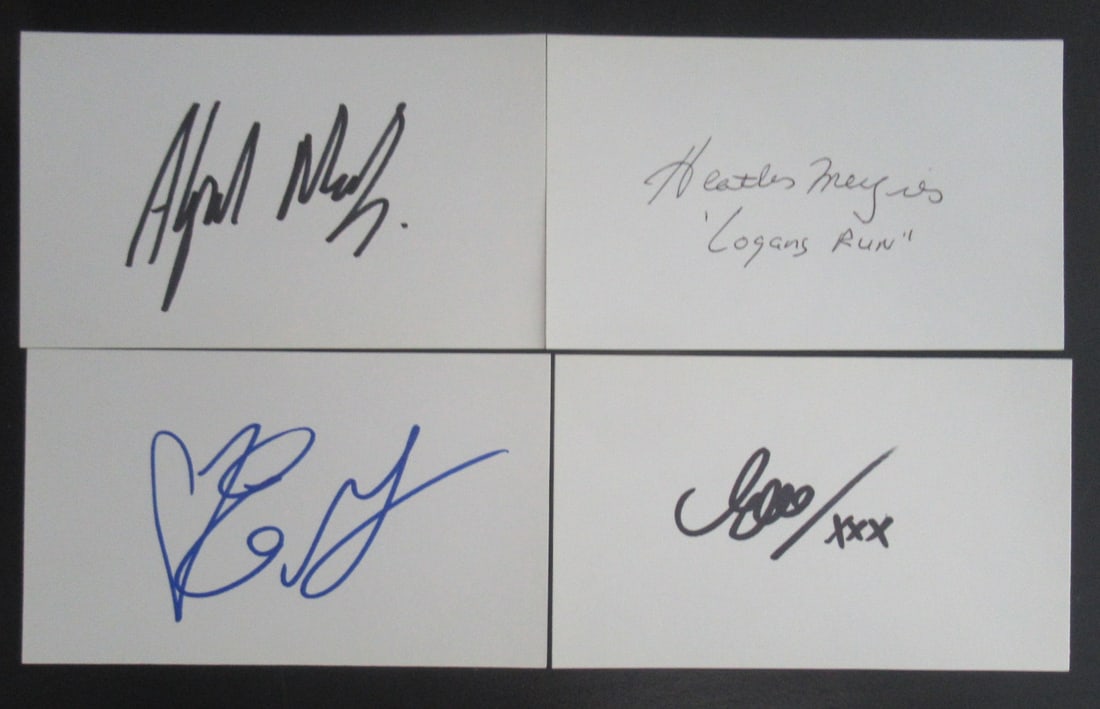4 In Person Index Card Lot: Item size is 3x5. In this lot you are getting 10 in person signed index cards. This lot contains - Alfred Molina, Heather Menzies (she has added Logan's Run"), Eva Longoria And Elle MacPherson
