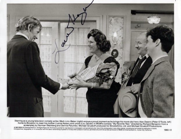Lainie Kazan MY FAVORITE YEAR Signed Photo: Photo size is 8x10. Lainie Kazan signed photo from the movie MY FAVORITE YEAR. Lainie Kazan as the character Belle Steinberg Carroca.