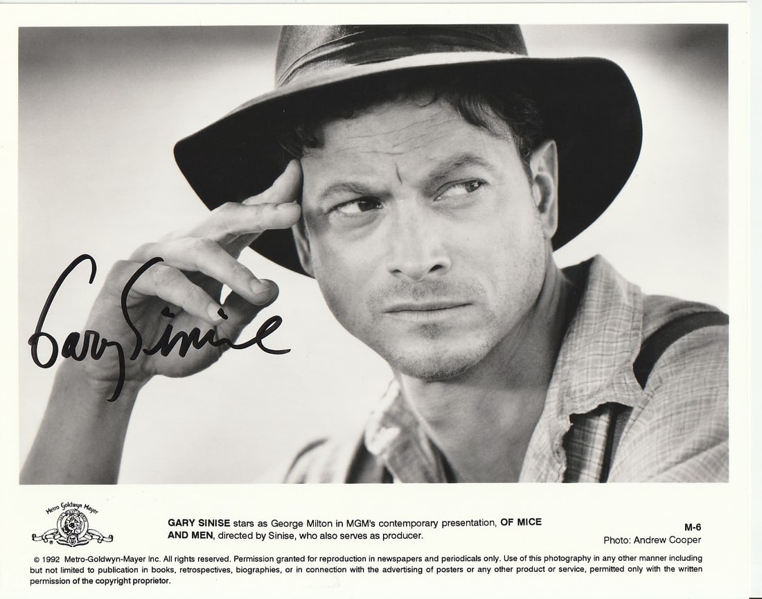 Gary Sinise OF MICE AND MEN In Person Signed Photo: Photo size is 8x10. Gary Sinise in Person Signed Photo from the Movie OF MICE AND MEN. Gary Sinise as the character George Milton.