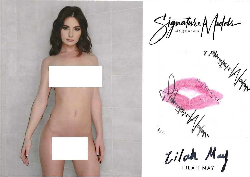 Lilah May LIP PRINT KISS CARD In Person Signed Photo: Photo Size is 5x7. PRIVATE SIGNING. (brown spots you see on scan is NOT on the real item) Lilah May in person signed Signature Model. 5x7 Color In Person signed very sexy NUDE portrait. She added a li