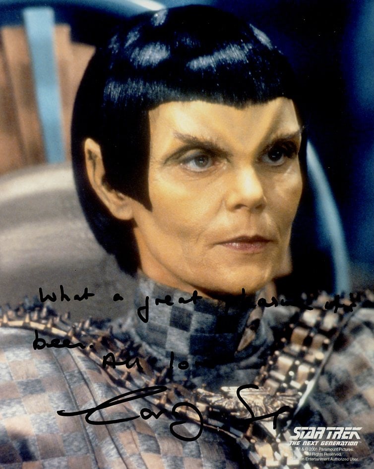 Carolyn Seymour STAR TREK:NG In Person Signed Photo: Photo size is 8x10. Carolyn Seymour in person signed photo from the TV series STAR TREK THE NEXT GENERATION. Carolyn Seymour as the character Commander Toreth.