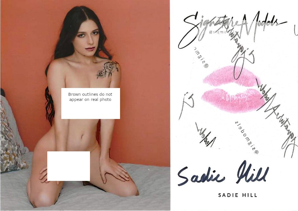 Sadie Hill LIP PRINT KISS CARD In Person Signed Photo: Photo Size is 5x7. PRIVATE SIGNING. Sadie HIll in person signed Signature Model. 5x7 Color In Person signed very sexy NUDE portrait. She added a lip print. This item was signed at an EXCLUSIVE signing