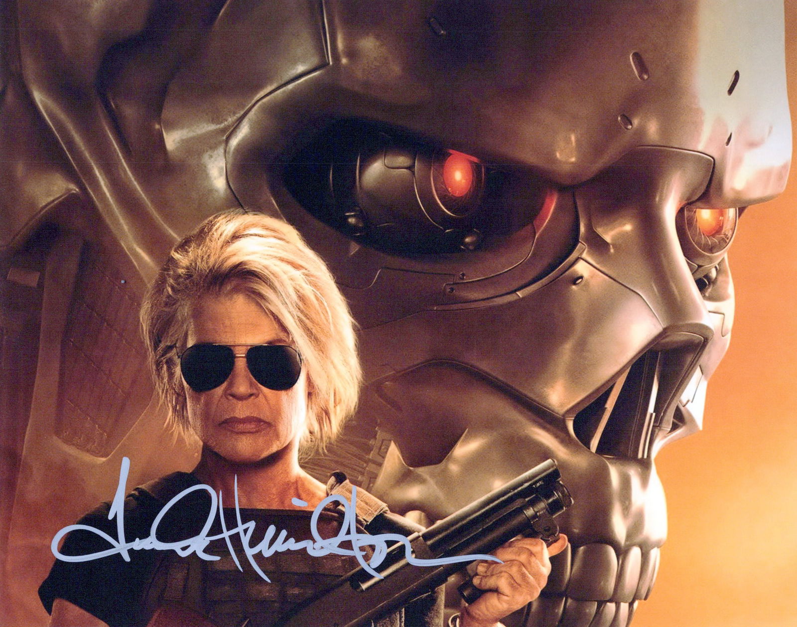 Linda Hamilton TERMINATOR In Person Signed Photo: Photo size is 8x10. Linda Hamilton in person signed photo from the movie TERMINATOR. Linda Hamilton as the character of Sara Connor.