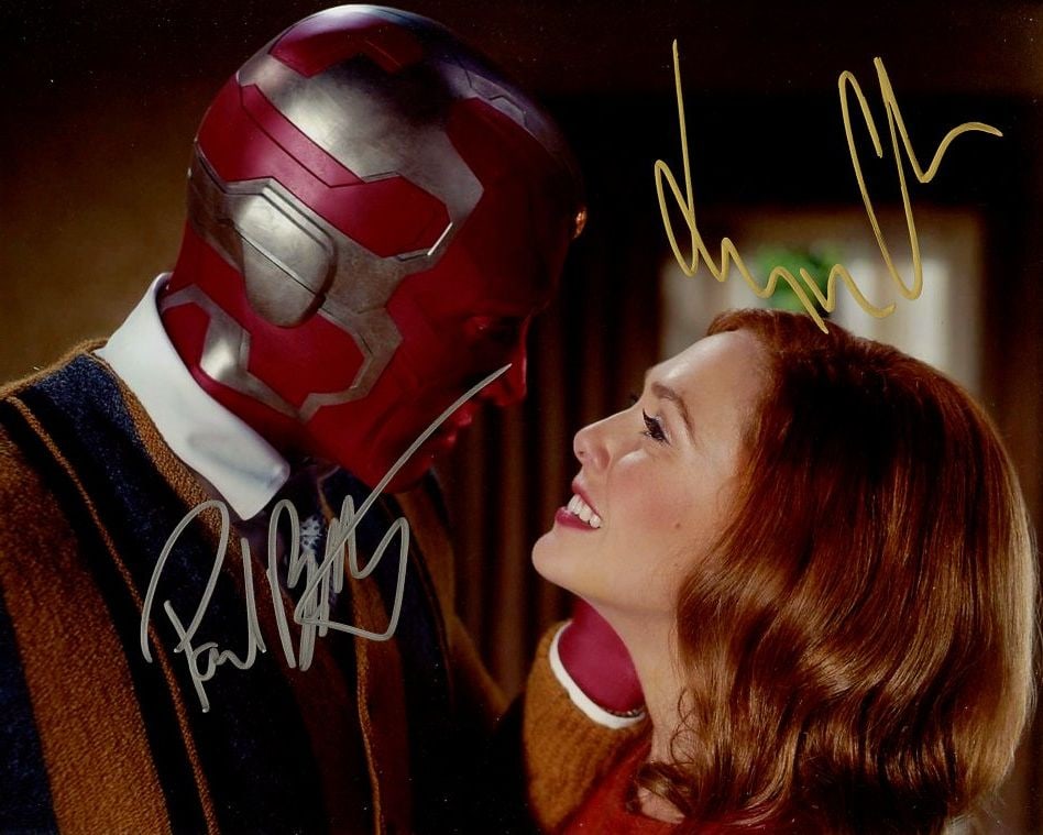 Paul Bettany / Elizabeth Olsen - WANDAVISION: Photo size is 8x10. Paul Bettany / Elizabeth Olsen in person signed photo from the TV series WANDAVISION. Paul Bettany THE VISION. Elizabeth Olsen as the character Wanda Maximoff / The Scarlet Witch