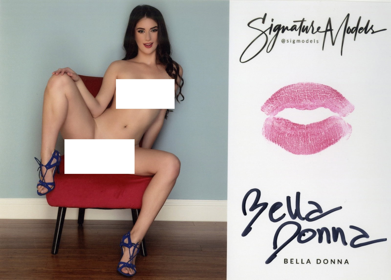 Bella Donna LIP PRINT KISS CARD In Person Signed Photo: Photo size is 5x7. PRIVATE SIGNING. Popular glamour model. Color In Person signed very sexy NUDE portrait. This item was Signeded at an exclusive Signeding and photo shoot on June 10, 2021