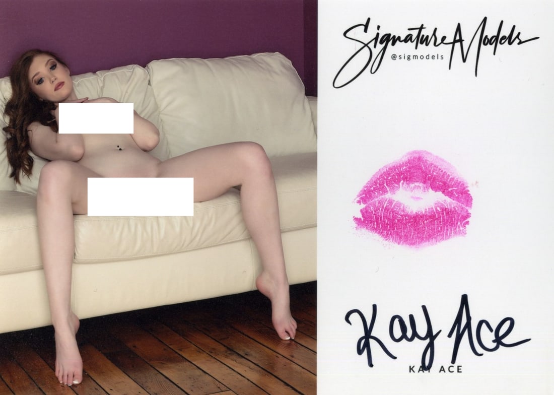 Kay Ace LIP PRINT KISS CARD In Person Signed Photo: Photo Size is 5x7. PRIVATE SIGNING. Kay Ace in person signed sexy nude portrait. She has also added a lip print. This was signed at an exclusive signing and photo shoot done on March 28, 2022.
