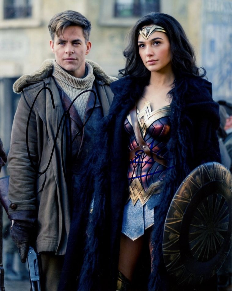 Gal Gadot / Chris Pine WONDER WOMAN In Person Signed Photo: Photo size is 8x10. Gal Gadot / Chris Pine in person signed autographed photo from the movie WONDER WOMAN. Gal Gadot as the character Diana Prince / Wonder Woman. Chris Pine as the character Maj. Stev