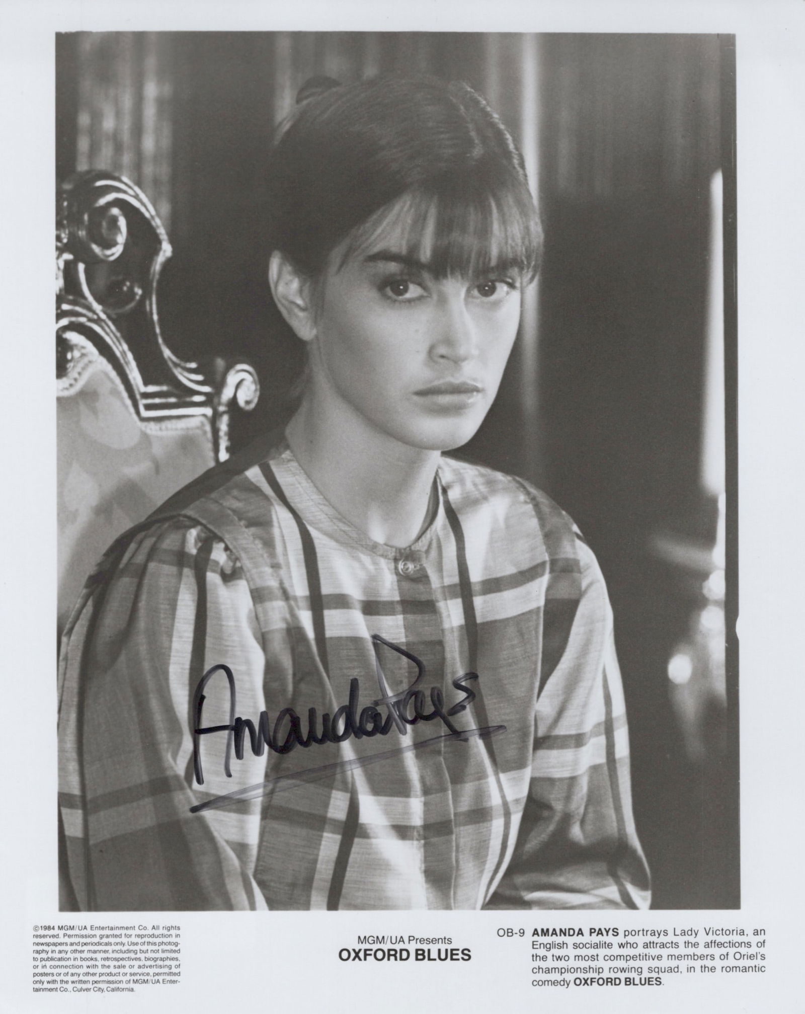Amanda Pays OXFORD BLUES In Person Signed Photo: Photo size is 8x10. Amanda Pays in person signed photo from the movie OXFORD BLUES. Amanda Pays as the character lady Victoria Wingate