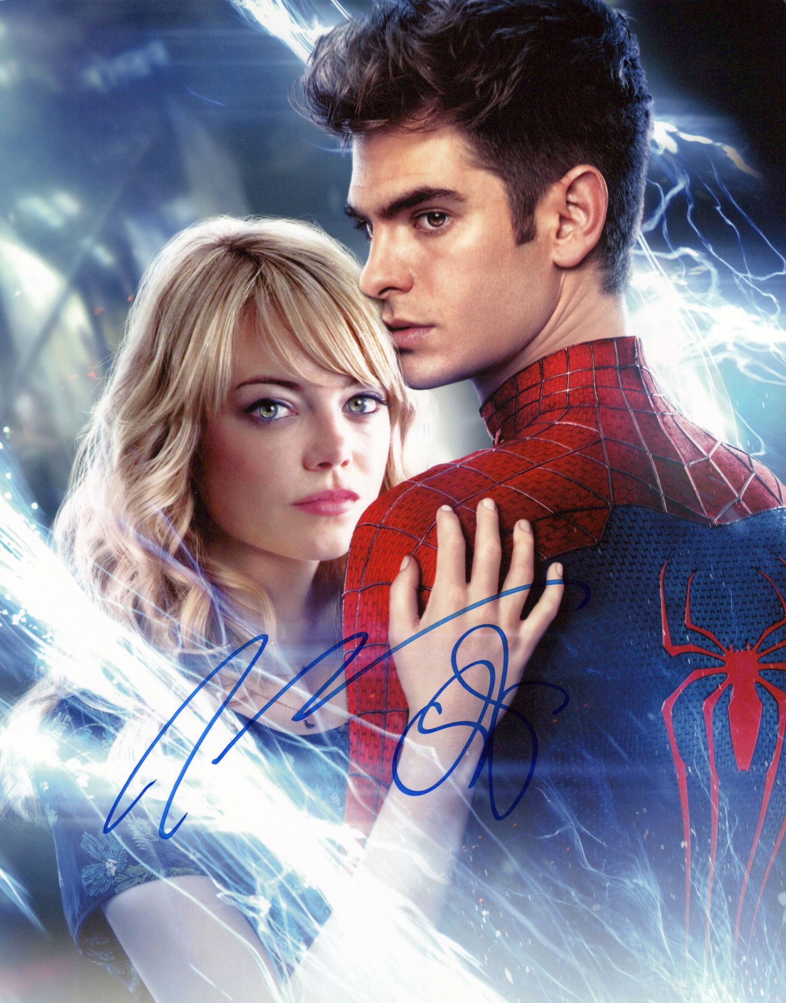 Andrew Garfield / Emma Stone AMAZING SPIDER-MAN In Person Signed Photo: Photo size is 8x10. Andrew Garfield / Emma Stone in person signed photo from the movie THE AMAZING SPIDER-MAN. Andrew Garfield as the character Peter Parker / Spider-Man. Emma Stone as the character G