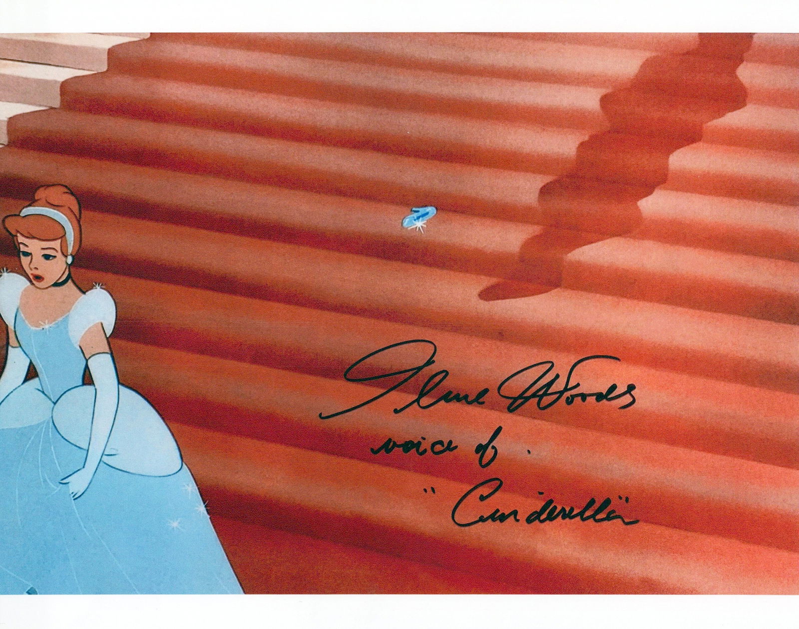 Ilene Woods (1929-2010)CINDERELLA Signed Photo: Photo size is 8x10. Ilene Woods (1929-2010) signed photo from the Disney movie CINDERELLA. Jacqueline Ruth Woods, better known as Ilene Woods, was an American actress and singer. Woods was best known