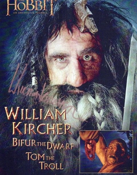 William Kircher THE HOBBIT In Person Signed Photo: Photo size is 8x10. PRIVATE SIGNING. William Kircher in person signed photo from the movie THE HOBBIT : AN UNEXPECTED JOURNEY. William Kercher as the character Bifur The Dwarf. He also played Tom The
