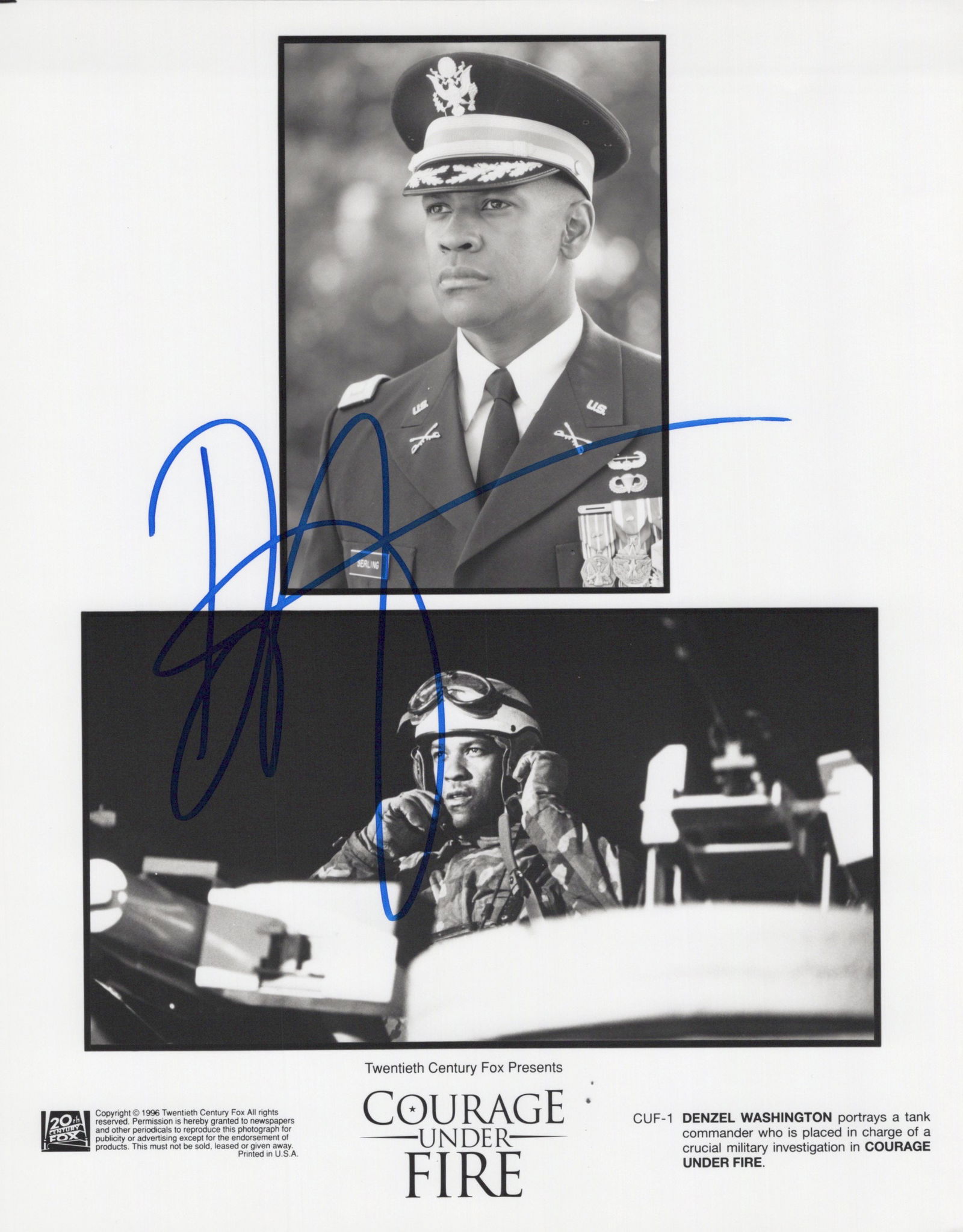 Denzel Washington COURAGE UNDER FIRE In Person Signed Photo: Photo size is 8x10. Denzel Washington in person signed photo from the movie COURAGE UNDER FIRE. Denzel Washington as the character Nat Serling