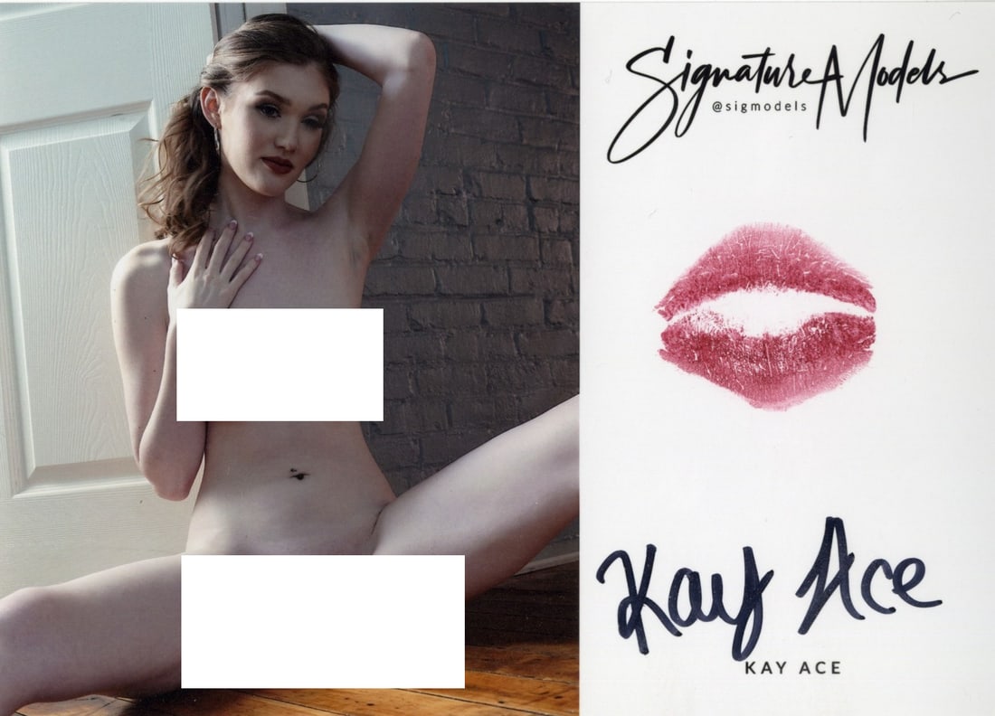 Kay Ace MODEL LIP PRINT KISS CARD In Person Signed Photo: Photo size is 5x7. Kay Ace in person signed sexy nude portrait. She has also added a lip print. This was signed at an exclusive signing and photo shoot done on May 21, 2020