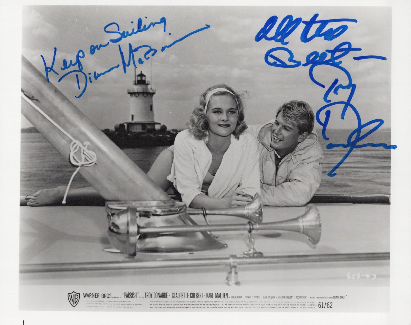 Troy Donahue (1936-2001) / Diane McBain (1941-2022) PARRISH In Person Signed Photo: Photo size is 8x10. Troy Donahue (1936-2001) / Diane McBain (1941-2022) in person signed photo from the movie PARRISH. Troy Donahue as the character Parish McLean. Diane McBain as the character Alison