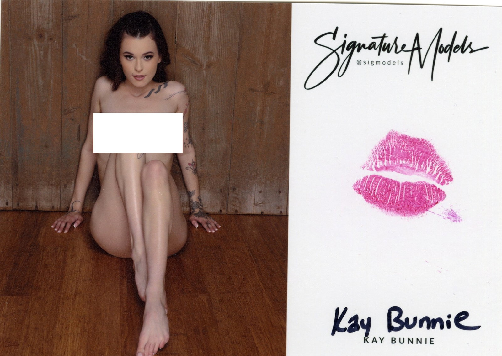 Kay Bunnie LIP PRINT KISS CARD In Person Signed Photo: Photo size is 5x7. PRIVATE SIGNING. Kay Bunnie in person signed photo and kiss card. Popular Glamour Model. 5x7 Color In Person signed very sexy portrait. She added a lip print. This item was signed a