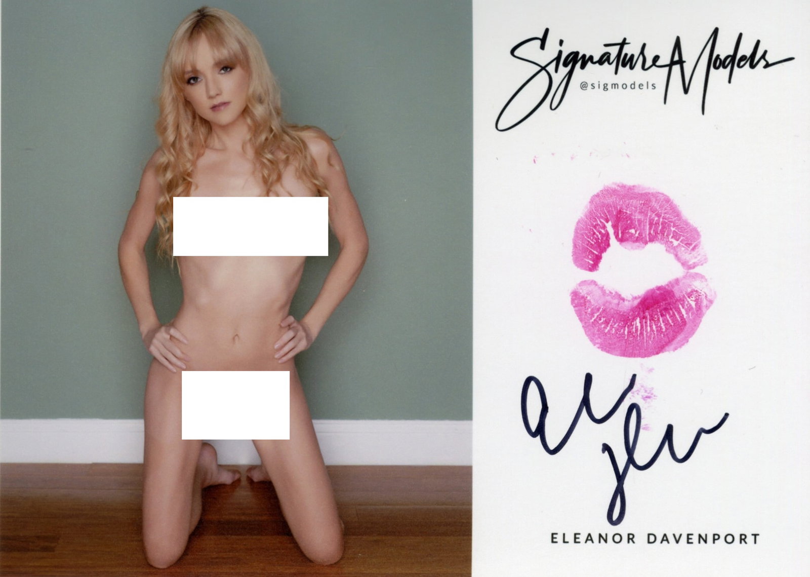 Eleanor Davenport LIP PRINT KISS CARD In Person Signed Photo: Photo size is 5x7. PRIVATE SIGNING. Eleanor Davenport in person signed photo and kiss card. Signature Model. 5x7 Color In Person signed very sexy portrait. She added a lip print. This item was signed