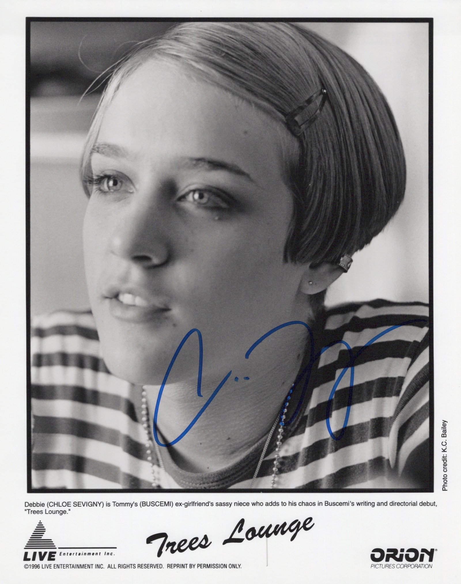 Chloe Sevigny TREES LOUNGE Signed Photo: Photo size is 8x10. Chloe Sevigny signed photo from the movie TREES LOUNGE. Chloe Sevigny as the character Debbie.