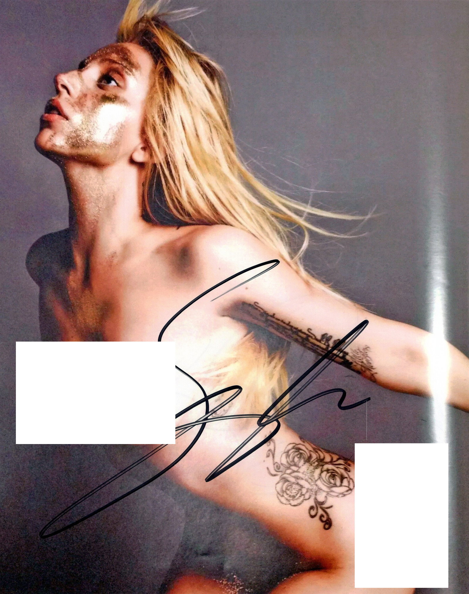 Lady Gaga POP SUPERSTAR In Person Signed Photo: Photo size is 8x10. PLEASE NOTE: THIS IS HOW THE PHOTO LOOKS. THERE IS NO CAMERA / LIGHT GLARE. THIS WAS GAGA'S ARTISY WAY OF DOING THE PHOTO. Lady Gaga in person signed autographed photo. Stefani Joa