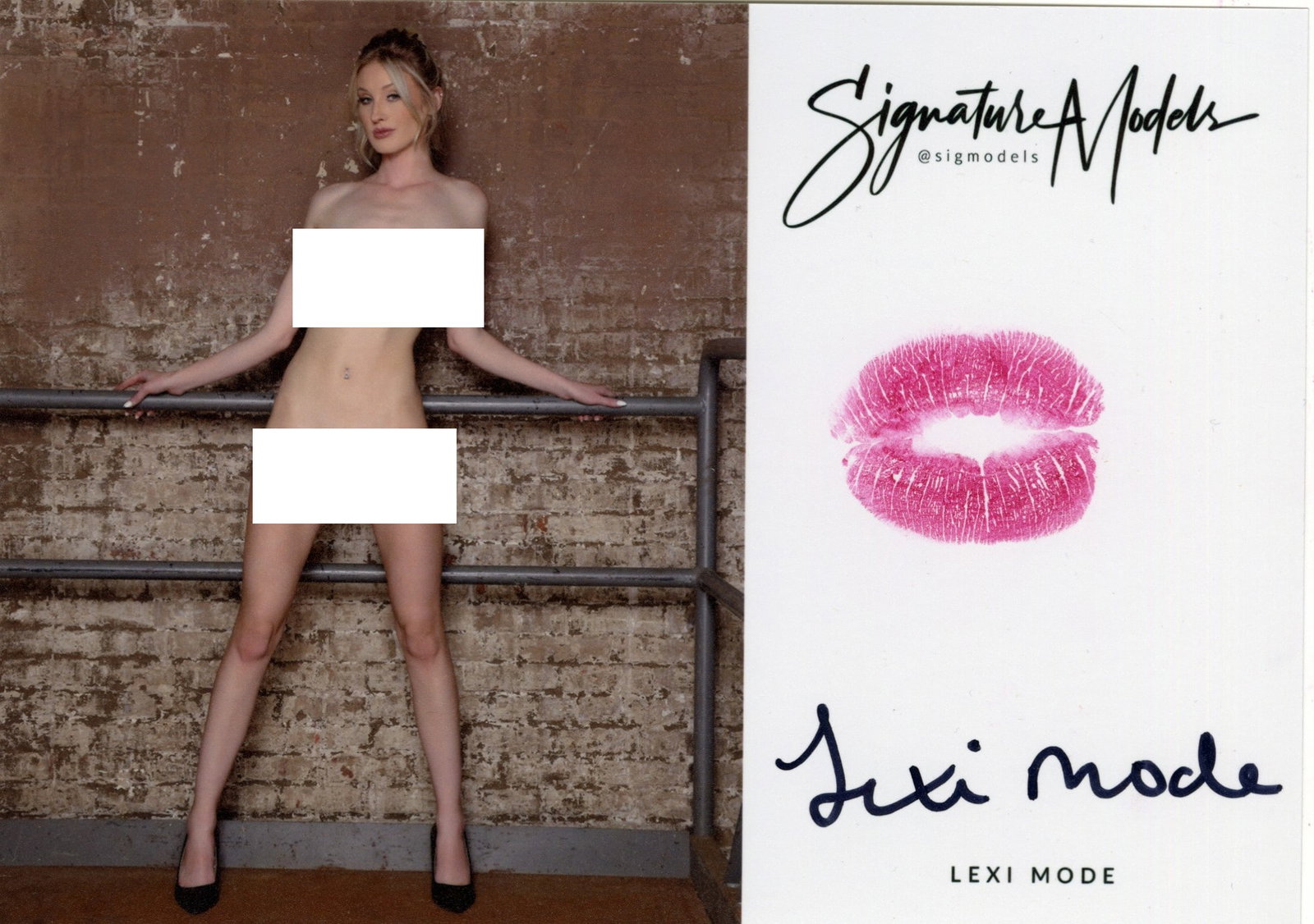 Lexi Mode LIP PRINT KISS CARD In Person Signed Photo: Photo Size is 5x7. PRIVATE SIGNING. Lexi Mode in person signed popular glamour model. 5x7 Color In Person signed very sexy NUDE portrait. She added a lip print. This item was signed at an EXCLUSIVE si