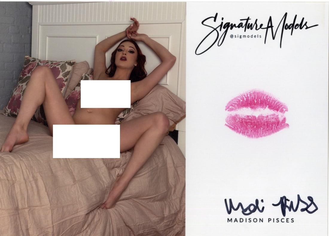 Madison Pisces LIP PRINT KISS CARD In Person Signed Photo: Photo Size is 5x7. PRIVATE SIGNING. Madison Pisces in person signed popular glamour model. 5x7 Color In Person signed very sexy NUDE portrait. She added a lip print. This item was signed at an EXCLUSI