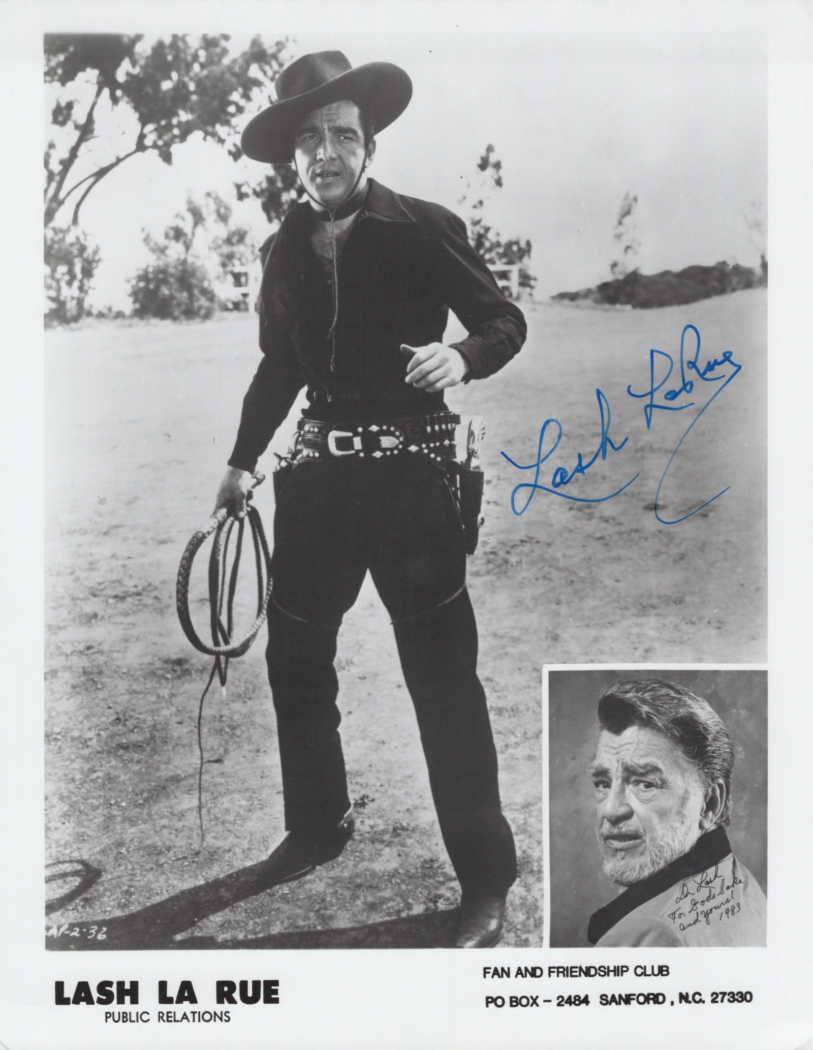 Lash LaRue (1917-1996) COWBOY STAR Signed Photo: Photo size is 8x10. Lash LaRue (1917-1996) signed photo. Lash LaRue was a Western motion picture star of the 1940s and 1950s.