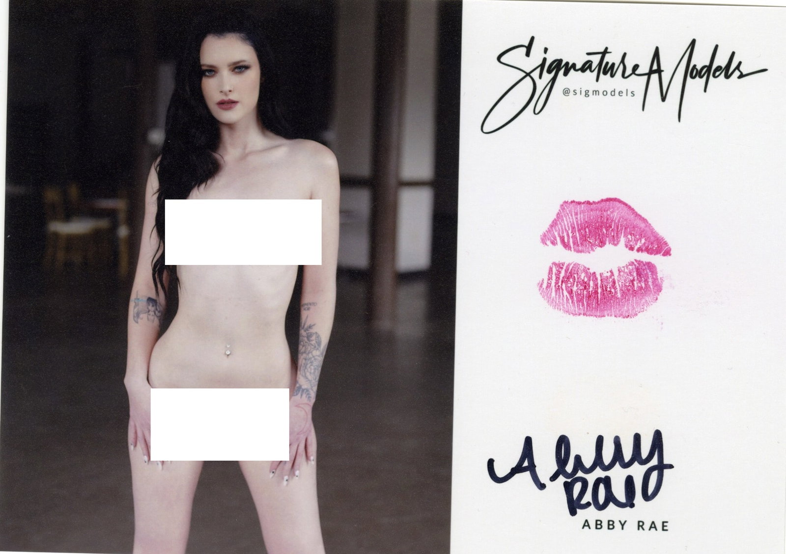 Abby Rae LIP PRINT KISS CARD In Person Signed Photo: Photo size is 5x7. PRIVATE SIGNING. Abbii Rae in person sign autographed photo. Abbii Rae is a popular signature model. This item was signed at an exclusive photo shoot and signing on March 27 2025.
