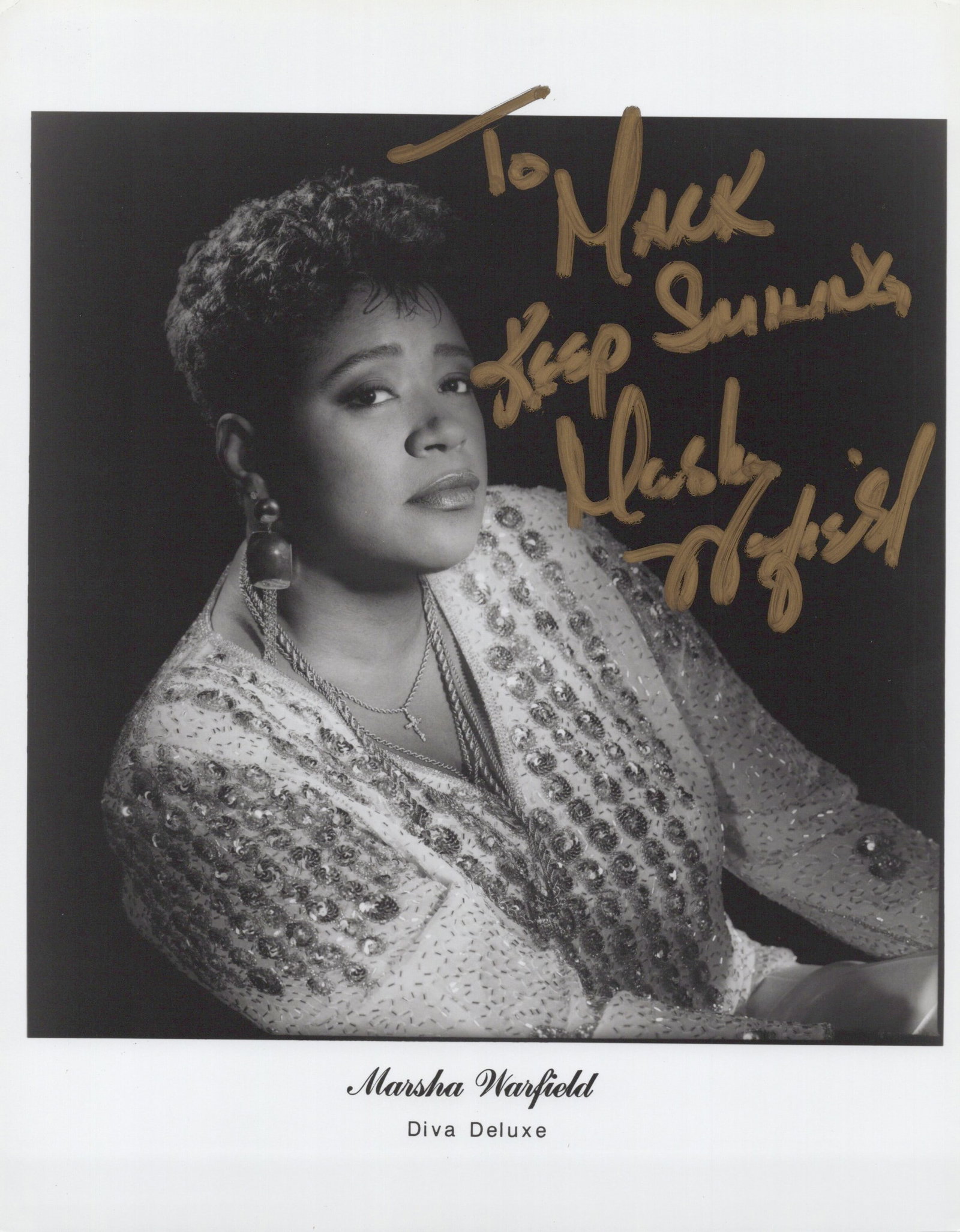 Marsha Warfield NIGHT COURT / 911 Signed Photo: Photo size is 8x10. Marsha Warfield signed photo. Marsha Warfield has done such TV as NIGHT COURT, 911, and THE RICHARD PRYOR SHOW. IMPERFECTIONS: inscribed