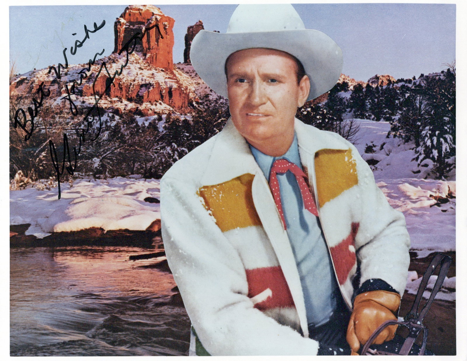 Gene Autry (1907-1998) THE SINGING COWBOY Signed Photo: Photo size is 8x10. Gene Autry (1907-1998) signed photo. Orvon Grover "Gene" Autry, nicknamed the Singing Cowboy, was an American actor, musician, singer, composer, rodeo performer, and baseball team 