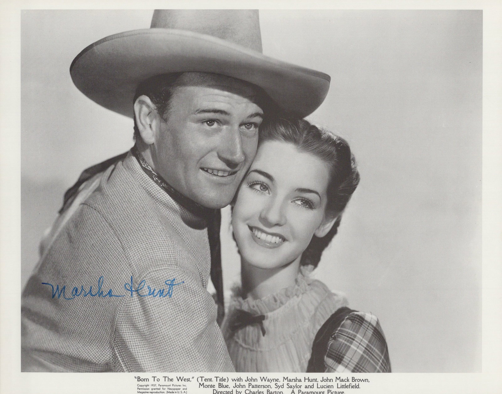 Marsha Hunt (1917-2022) BORN TO THE WEST Signed Photo: Photo size is 8x10. Marsha Hunt (1917-2022) signed photo from the movie BORN TO THE WEST. Marsha Hunt as the character Judy Worstall